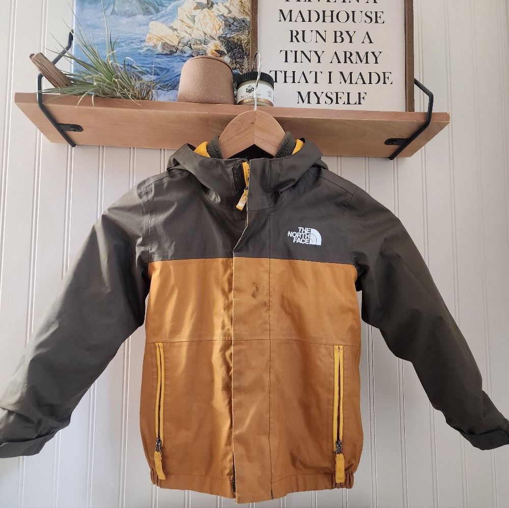The North Face Yellow and Gray/Green Raincoat Weather-Resistant Hooded Design